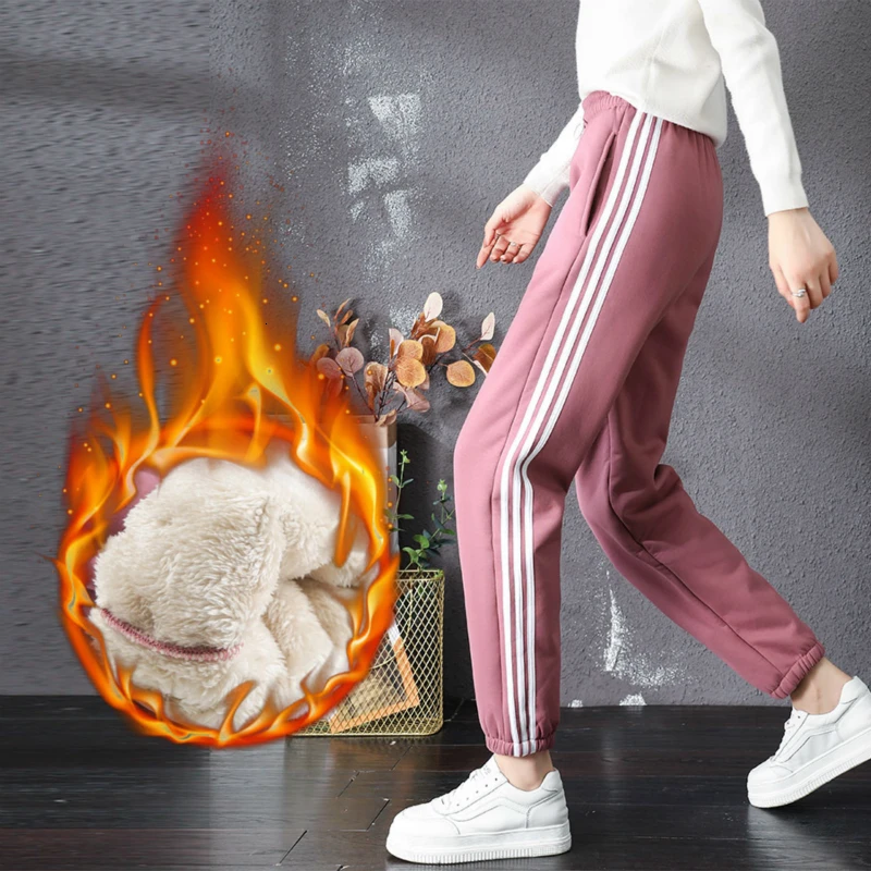 fuchsia Женские зимние спортивные штаны из пуха ягненка, увеличивающие рост, утепленные штаны Wei, легко надеваются, код, три бара, штаны для отдыха, A38 - Цвет: fuchsia