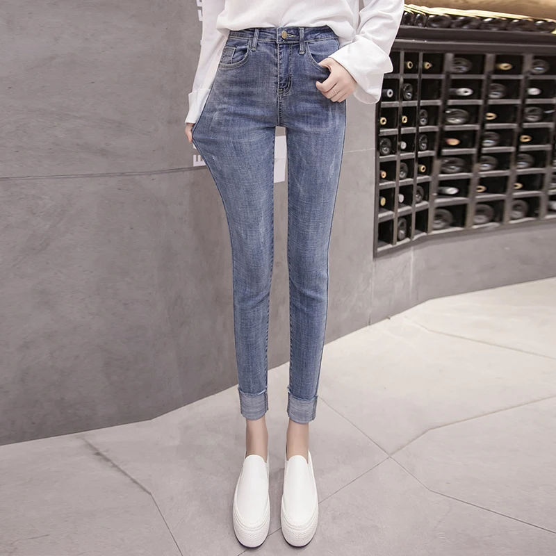 Осенние Новые облегающие джинсы женские корейские джинсы женские с высокой талией тонкие Модные поддельные манжеты уличная