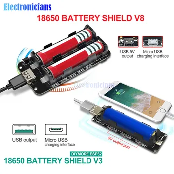 

Dual 18650 Lithium Battery Shield V8 V3 5V 3A Micro USB Type-A USB Power Bank Battery Charging For Raspberry Pi ESP8266 ESP32