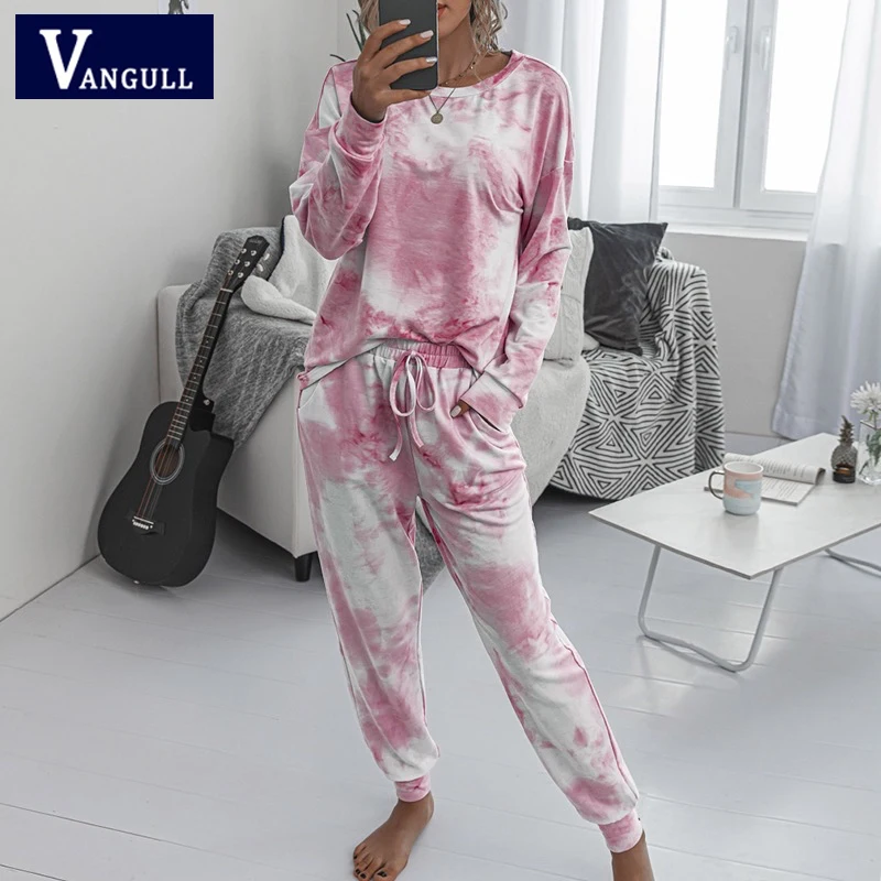 

Vangull Tie-dye Suits Women New Tops T Shirt Loose Long Sleeve Pink Sets Female Elastic Waist Suits Casual Ladies Tracksuits