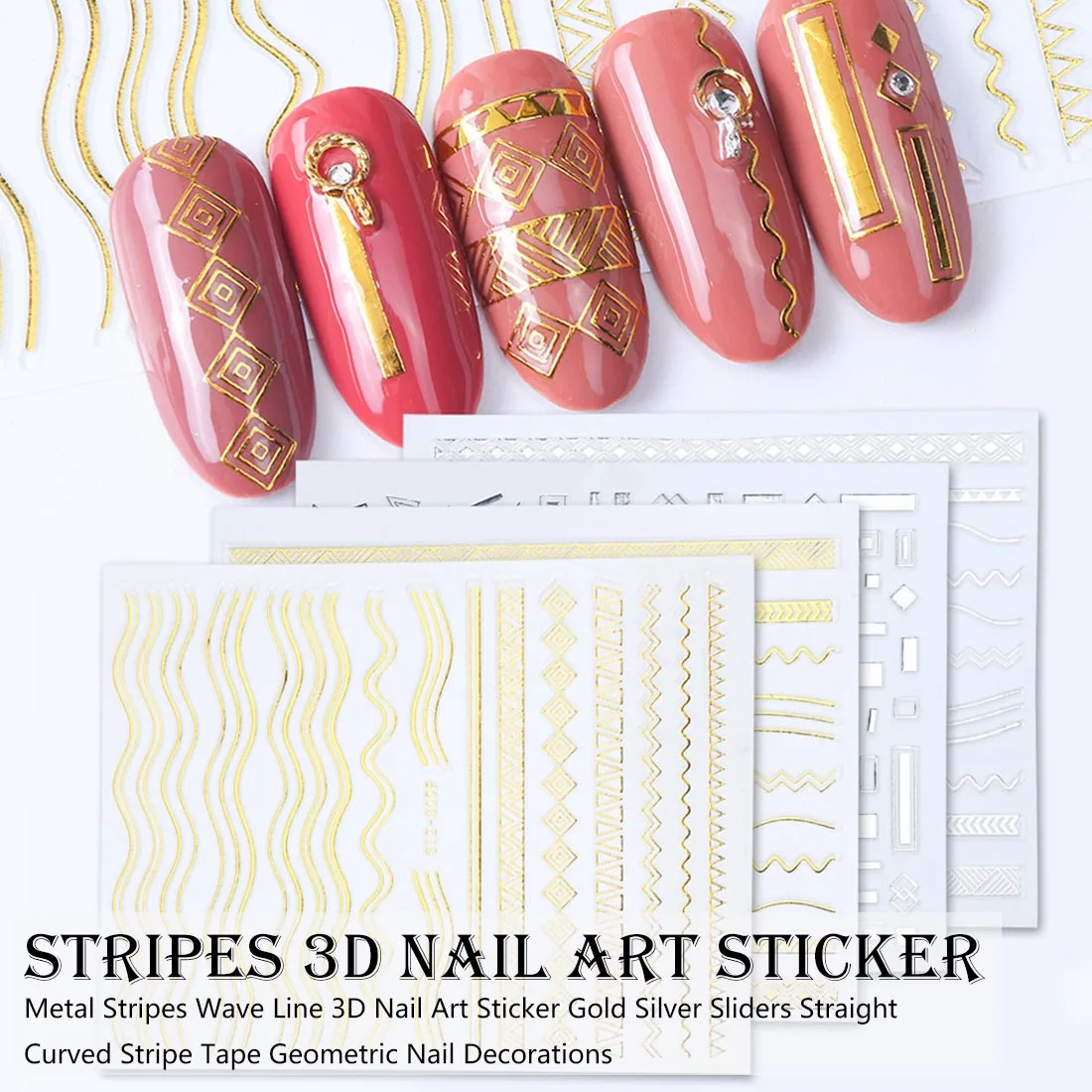 

Straight Curved Liners Stripe Tape Wraps Geometric Nail Art Decorations Gold Silver Sliders 3D Nail Stickers 1pcs