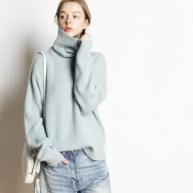 sky blue Вязаный женский кашемировый свитер с высоким воротом, водолазка с высоким воротником, осенний и зимний базовый женский свитер, свободный черный - Цвет: sky blue