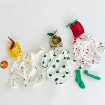 

Infant BABY Girls Boys Clothes Toddler Autumn Winter Fruit Printed Christmas Party Romper+hat 2 PCS Sets Baby Bodysuit Outfits