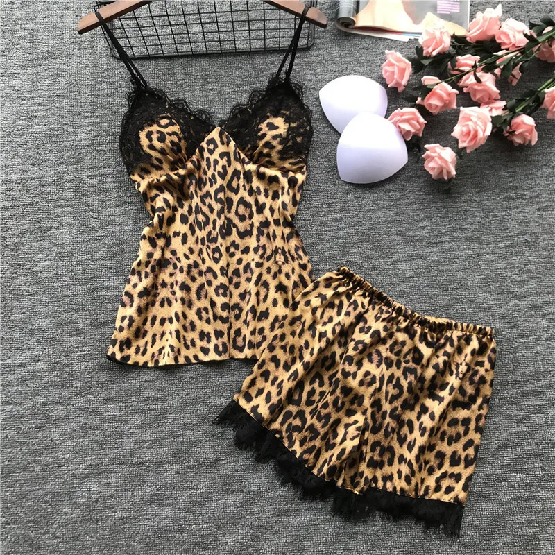 Женский пижамный комплект, сексуальное женское белье, пижама с леопардовым принтом, Пижама для женщин, Шелковый Атласный пижамный комплект, кружевной ночной костюм с нагрудной накладкой