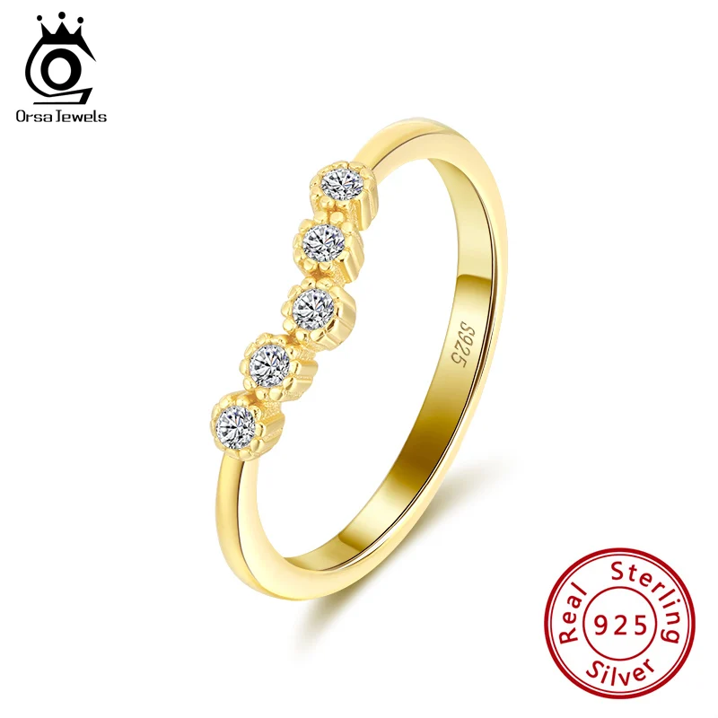 

ORSA JEWELS Irregular Finger Rings Real 925 Silver AAAA Zircon Ring Gold Color For Women Wedding Jewelry Party Gift OSR164