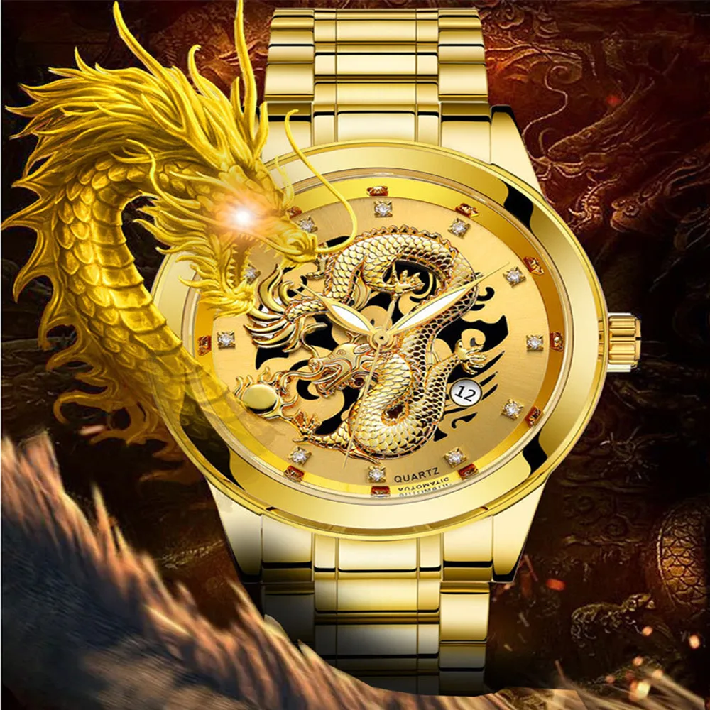 Роскошные часы Для мужчин золотой дракон Скульптура Для Мужчин's Водонепроницаемый кварцевые часы Нержавеющая сталь наручные часы erkek kol saati שעון גברים