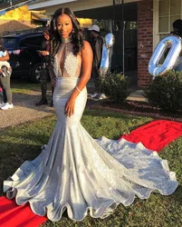 Sparkly Silver Sexy High Neck Mermaid Prom Dresses 2022 Long Lace Sequins Beaded Backless Chic Evening Gowns Formal Party