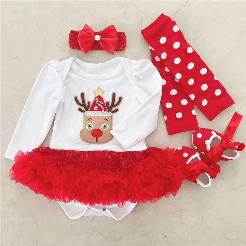 Одежда для новорожденных рождественские боди для девочек платье-пачка+ повязка на голову+ обувь+ носки Детская Хлопковая одежда из 4 предметов подарок на первый день рождения - Цвет: Серебристый