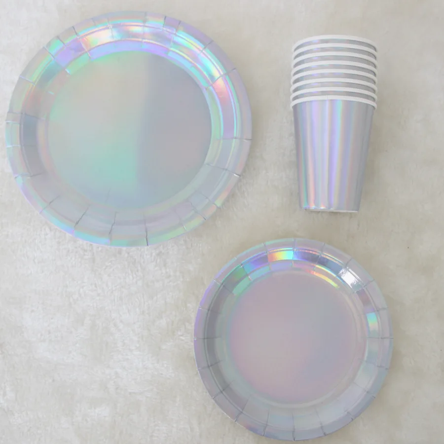 8Pcs Rainbow Sparkle Shell Paper Plates Party Dish Tableware 9 Mermaid Theme Festival For Birthday party Supplies Colorful silver (8)