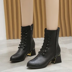 Women's Boots 2021 Winter Mid-heel Thick Heel Plus Velvet Plus Size Snow Boots Double-breasted Square Toe Short Boots Women PU