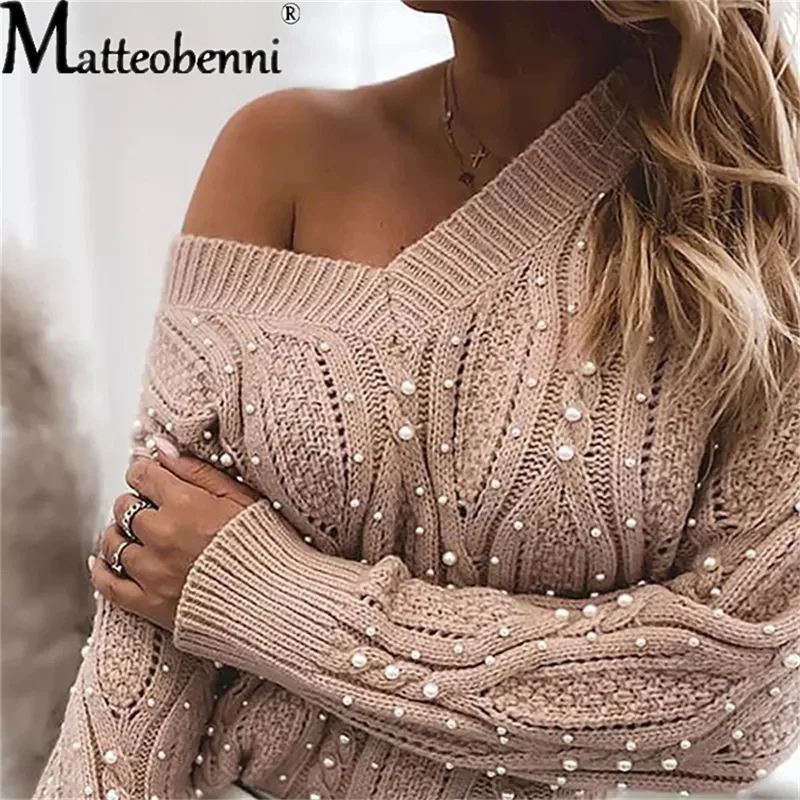 Autumn Winter 2021 Pearl Casual Loose Sweater Women Knitted Jumper Pullovers Fashion Long Sleeve V Neck Pull Femme Oversized