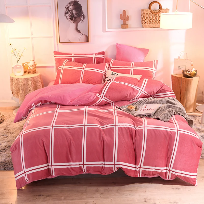 

4pcs Crystal Velvet Modern Style Duvet Cover Pillowcases Flat Fitted Bed Sheet Plaid Pink Carrot Love Birds Full Queen King