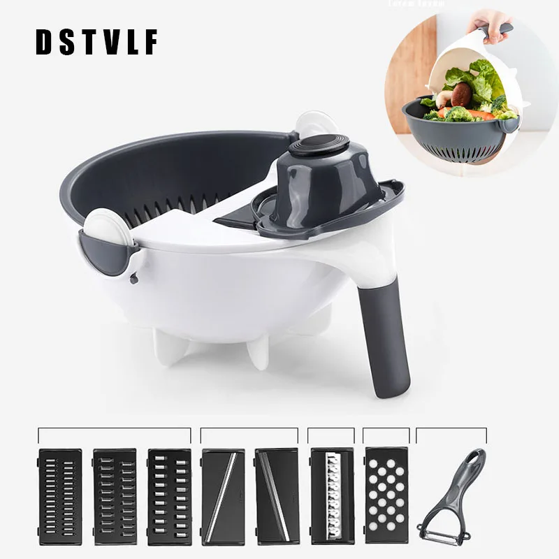 

Multi Manual Slicer Rotate Vegetable Cutter With Drain Basket Multi-function Kitchen Veggie Shredder Grater Slicer Free Peeler