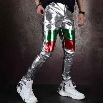 

Homem fino ajuste splice couro slivery calça masculina streetwear hip hop clube dançarino legal lápis calças roupas de palco