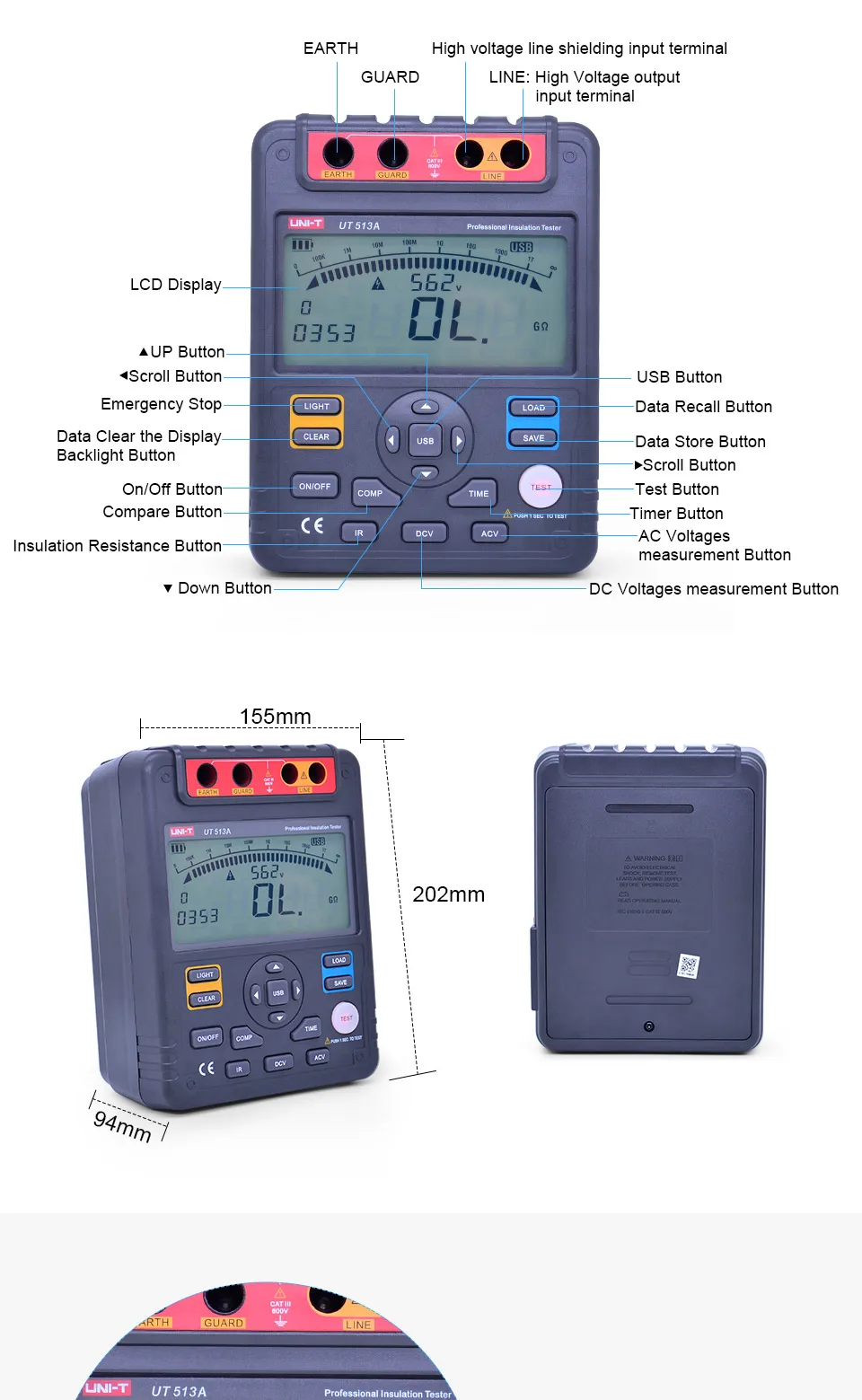 UNI-T UT513A сопротивление изоляции тест er аналоговый бар Граф AC/DC 500V~ 5000V DAR PI тест er испытательное напряжение вторичный дисплей Megger