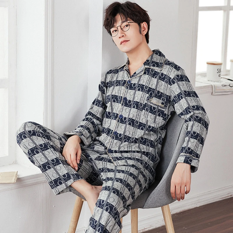 

Men's Pajamas Luxury Lapel Cotton Nightgown Long-sleeved Cardigan Simple Home Service Suit New Sleepwear Pijama Men Bathrobe