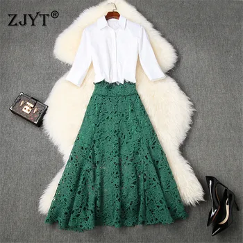 

High Quality Summer Skirt and Top 2 Piece Set Women Fashion Runway Sets Elegant White Blouse Hollow Crochet Lace Skirt Suit Sets