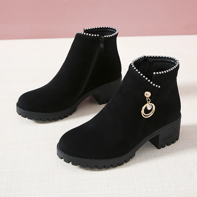 Autumn Winter Warm Women Ankle Boots Square High Heels Leather Boots Pointed Martin Boots Casual Pumps