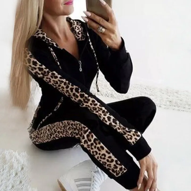 Ретро мода повседневные 2 шт. женские леопардовые длинные Seleeve толстовки спортивные топы брюки спортивный костюм Толстовка спортивный костюм для бега Горячая# G35