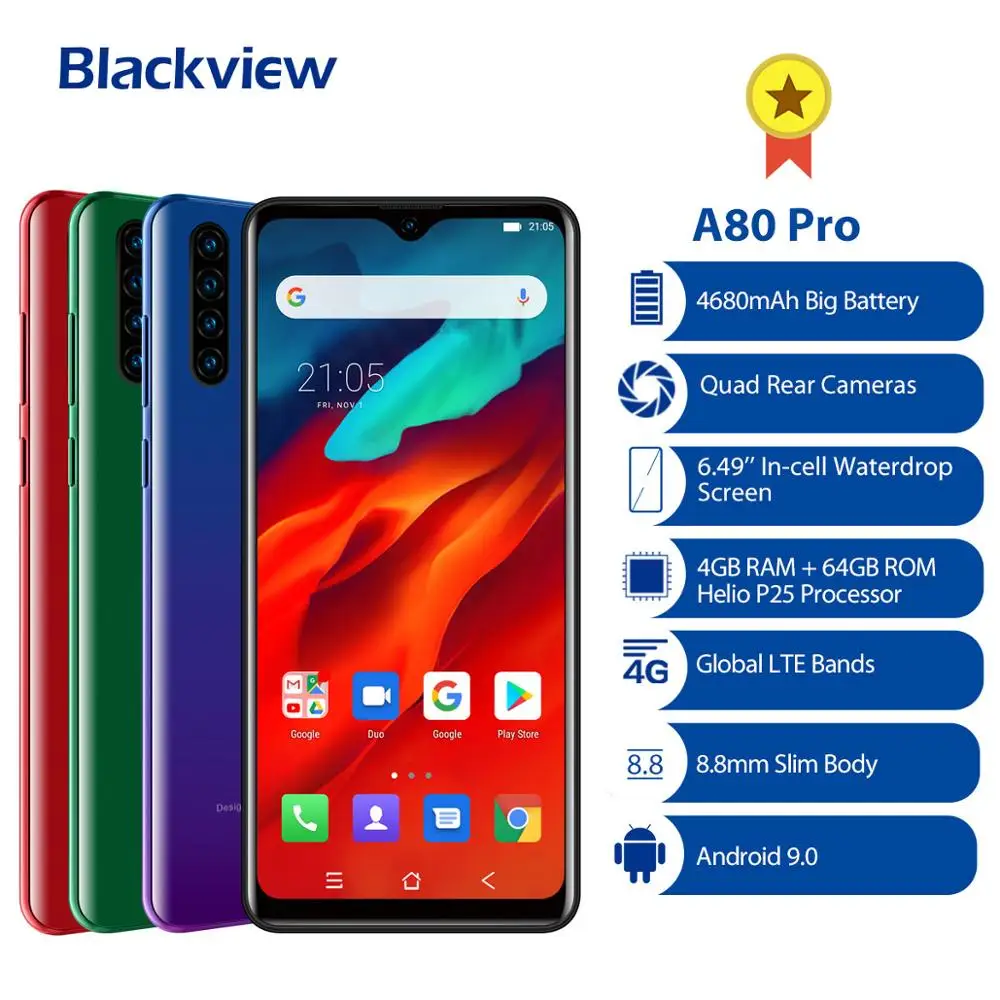 2020 NEW Blackview A80 Pro Smartphone Octa Core Android 9.0 4680mAh Cellphone 4GB+64GB 6.49\