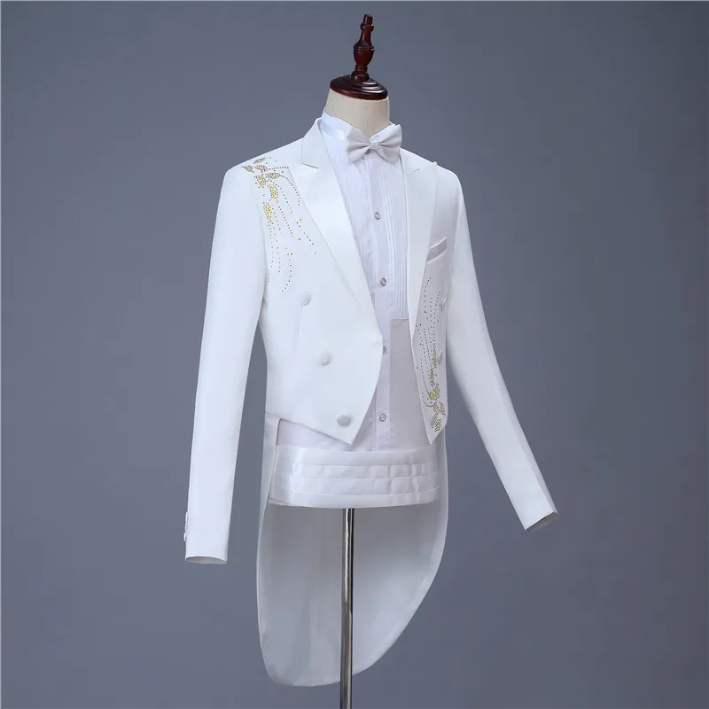 Fashion Men's White Lapel Tuxedo Wedding Groom Stage Singer 2 Piece Set Inlay Diamond Slim Casual Suit Set(Tail jacket+Pant