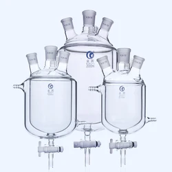Bouteille de réaction à quatre ouvertures en verre borosilicate avec Valve de vidange en PTFE, flacon de réaction à Double étage pour laboratoire 