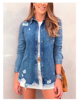 

hirigin Womens Long Sleeve solid Denim Jacket Blazer Suit Autumn Vintage Style Washed fashion button Coat female new tops