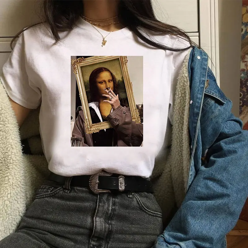 Mona Lisa Harajuku Spoof Aesthetics Tshirt Print Short Sleeve Tops   Tees Fashion Casual Couple T Shirt Ladies Camiseta Mujer