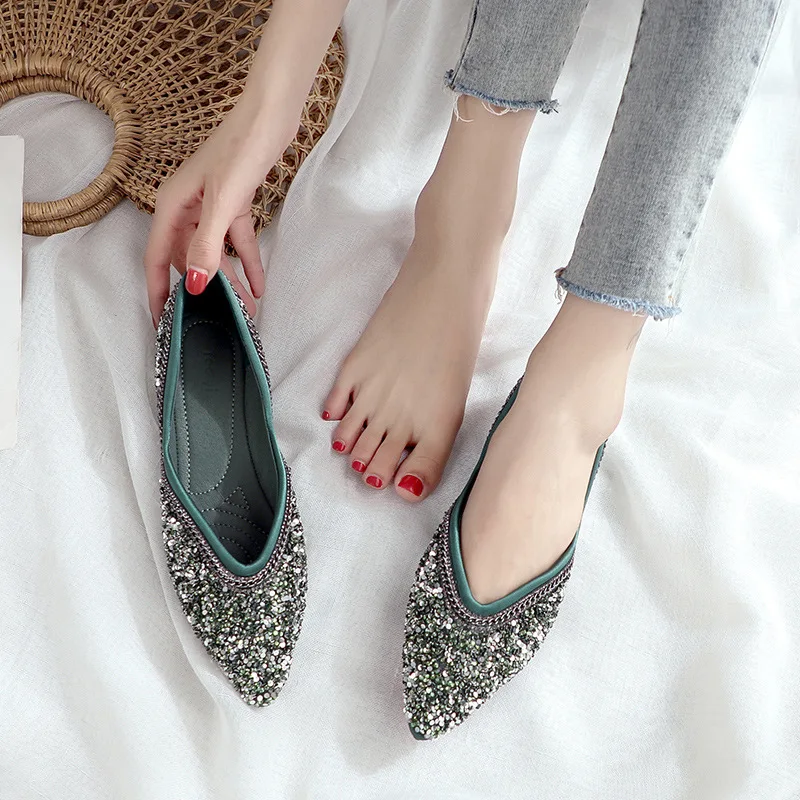 Luxury 2020 New Women Shoes Ballet Flats Boat Shoes Bling Pointed Toe Solid Slip-On Zapatos De Mujer Ladies Shoes High Quality