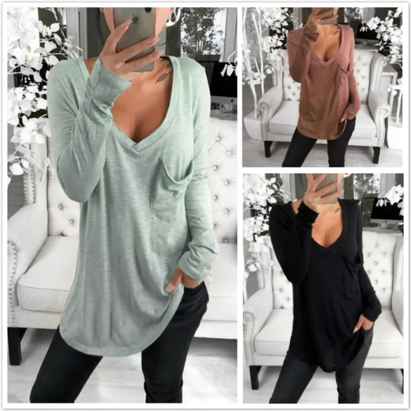 

hirigin Autumn Women Korean t shirt Basic V Neck Long Sleeve Fitted Plain Top Solid Stretch Shirt Clothing Tops Slim T shirts