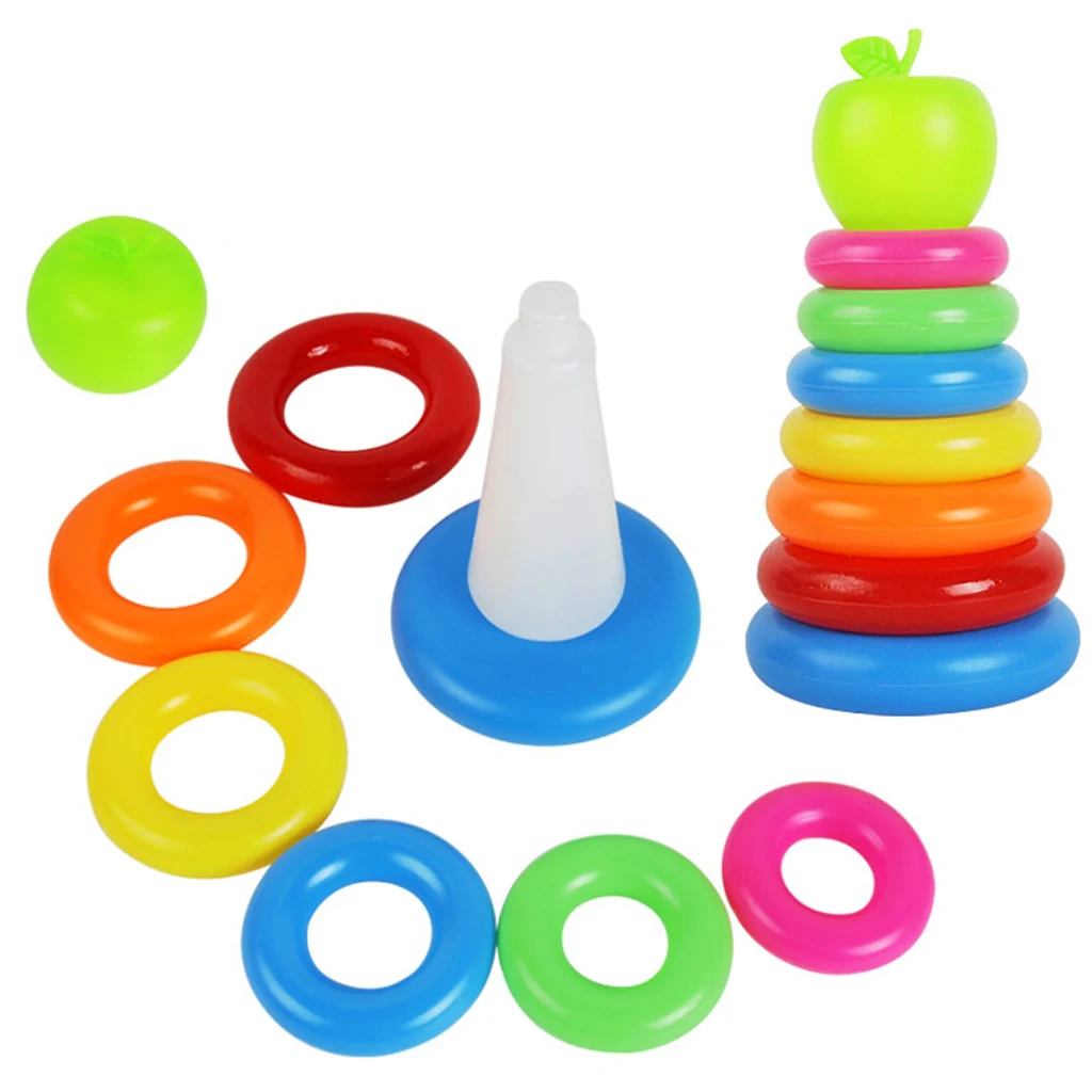 Kids Toddler Early Educational Toy Green Apple with 9 Plastic Rainbow Color Stacking Rings Tower Toy, Bath Tub Play Toy Gift