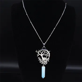

Moon Tree of Life Moonstone Stainless Steel Hexagonal Bullet Reiki Point Chakra Stone Pendant Women Jewelry collares N3087S04