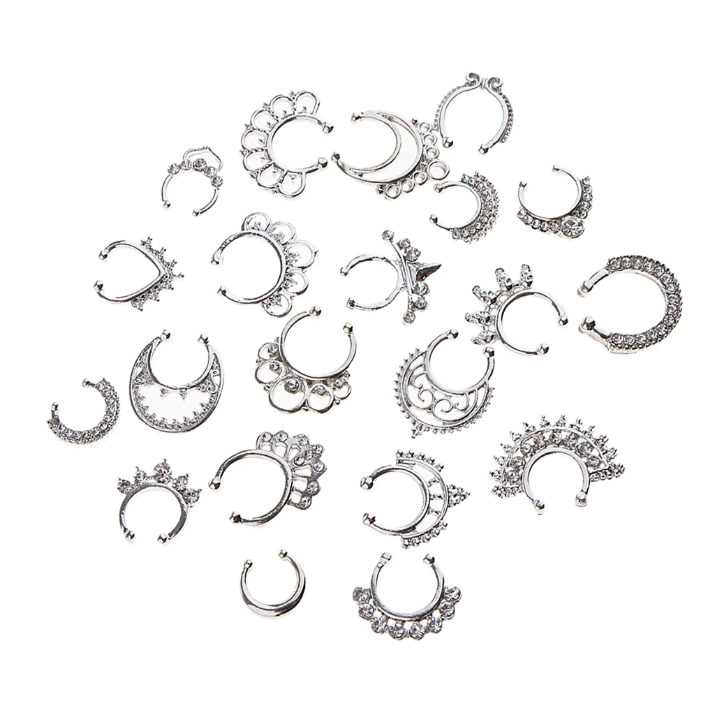 21pcs Fake Septum Clicker Crystal Nose Ring Assorted Design Hanger Clip On