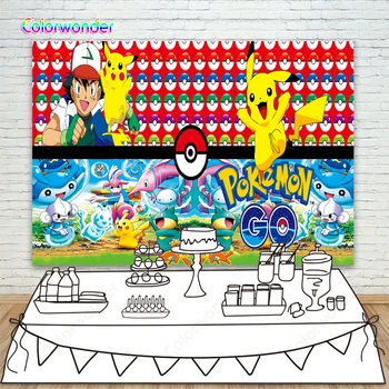 

Photo Background Ash Ketchum with Yellow Elf Balls Game Backdrops For Baby Shower Kids Birthday Party Dessert Table Decoration