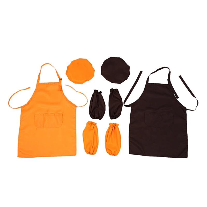 

New-6 Piece Children's Apron Chef Hat Sleeves, Adjustable Apron Bib Kitchen Apron with Large Pockets Cooking Baking and Painting