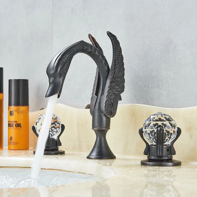 black bronze A Роскошный лебедь стиль палуба крепление широкое смеситель для раковины две ручки Золотой умывальник смесители - Цвет: black bronze A