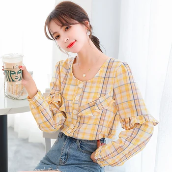 

COIGARSAM Ruffles Shirt Womens tops New Spring Plaid Chiffon Loose Women shirts Yellow 8831