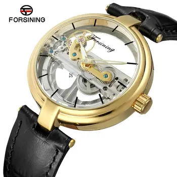 

FORSINING Golden Bridge Watch Men Top Brand Luxury Auto Mechanical Transparent Case Genuine Leather Strap Fashion Couple Clock