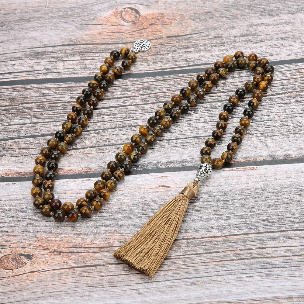 

National Wind Retro Natural Semi-precious Stone 108 Handmade Knot Lucky Tree + Calabash Pendent Tassels Sweater Necklace