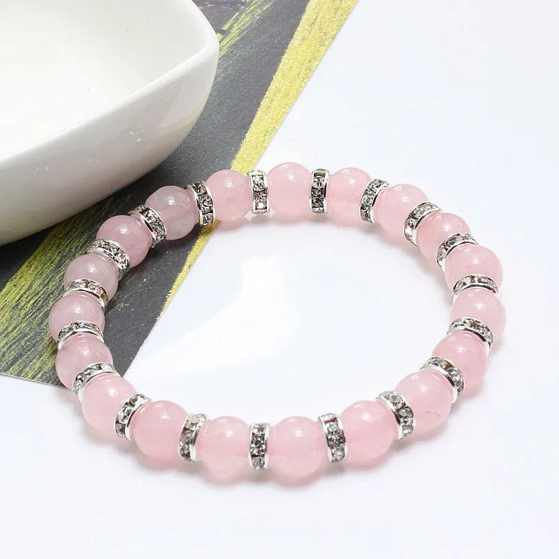 Высокое качество натуральный камень розовый бисер браслеты для женщин Strand браслеты горный хрусталь эластичные ювелирные изделия подарок для девочек