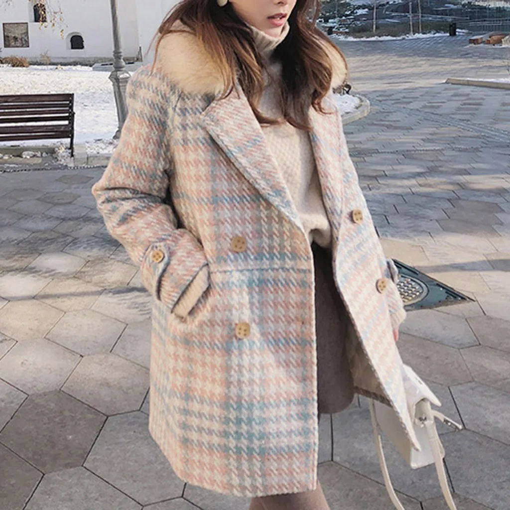 SAGACE Women Coat Outerwear Winter Clothing Fashion Warm Woolen Blends Female Elegant Double Breasted Woolen Coat