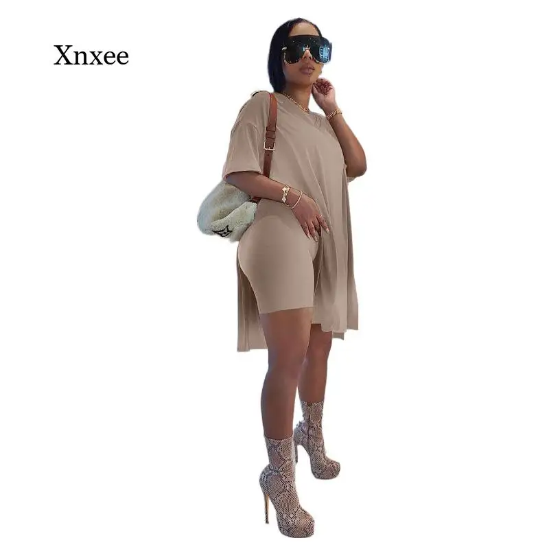 

Long T-Shirt Shorts Two Piece Suit 2021 Summer Irregular Split Tops Shorts Set Loose Women Home Lounge Wear Sportswear Outfits