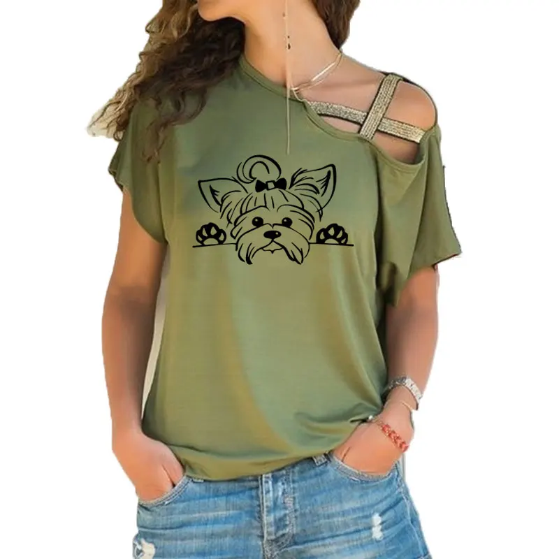 

Yorkshire Terrier T Shirt Women Cotton Short Sleeve Girls Tshirt Puppy Peeking Yorkie Dog T-shirt Irregular Skew Cross Bandage T