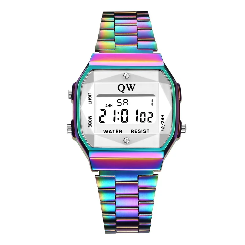 

QW Sports 3ATM Vintage Womens Men Stainless Steel Digital Alarm Stopwatch Wrist Watch