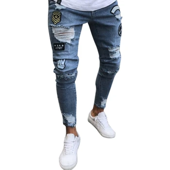 

Fashion Street Wear Men'S Jeans Trend Knee Knee Hole Ripped Jeans Trousers Embroidered Jeans Mens Skinny Elastic Pencil Pants