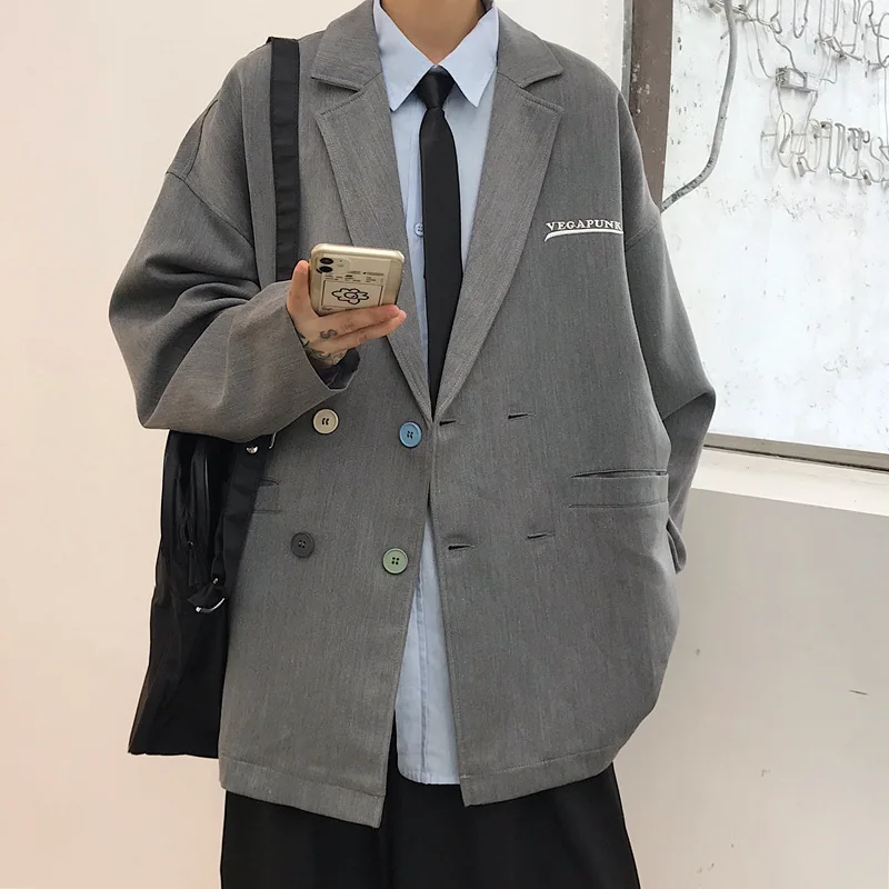 

College Style Double Breasted Color Button Embroidered Loose Small Suit Hong Kong Style Students Solid Color BF Korean-style Sui