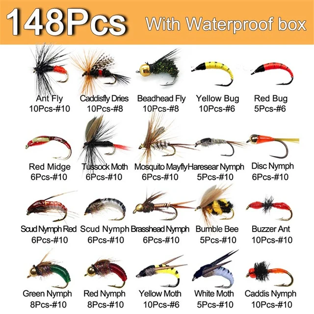 32-148Pcs Mixed Styles Fly Fishing Lure Wet/Dry Nymph Artificial Flies Bait  Pesca Tackle Trout Bass Kit