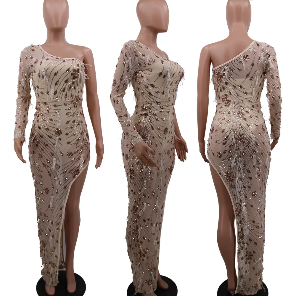 Adogirl великолепное блестящее Перо прозрачный сетчатый комбинезон женское платье на одно плечо с длинным рукавом с высоким разрезом облегающее Макси Клубные вечерние платья