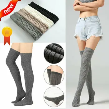 

Women Winter Warm Double Diamond Knitted Wool Cable Extra Long Boot Over Knee Thigh High Stocking