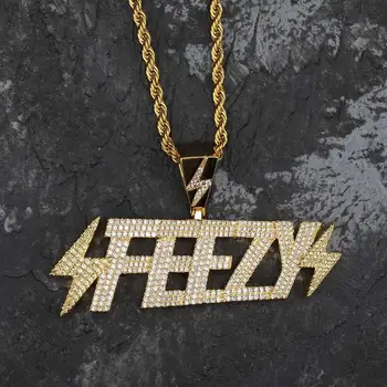 

Solid Back FEEZY Letters Pendant name necklace All Iced Out Cubic Zircon Chain Necklaces Gold Color Men's Hip-Hop Bling Jewelry